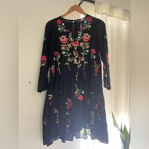 Zara Black Dress with Colorful Floral Embroidery